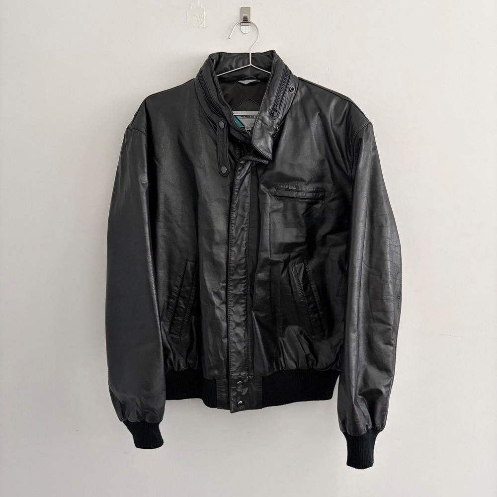 Members Only Black Leather Bomber Cafe Racer Jacket Size 44